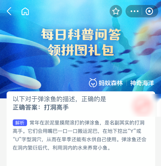 神奇海洋今日答案：弹涂鱼竟是【打洞高手】-景澄手游网