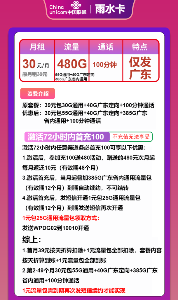 广东联通雨水卡30元480G流量(385G广东+55G全国+40G定向)+100分钟通话