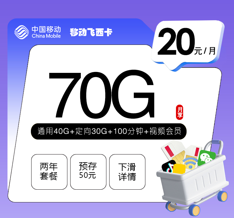 <font color=#FF0000>【已下架】</font>移动飞西卡20元70G流量(40G通用+30G定向)+100分钟通话-赫兹号卡网-赫兹通讯