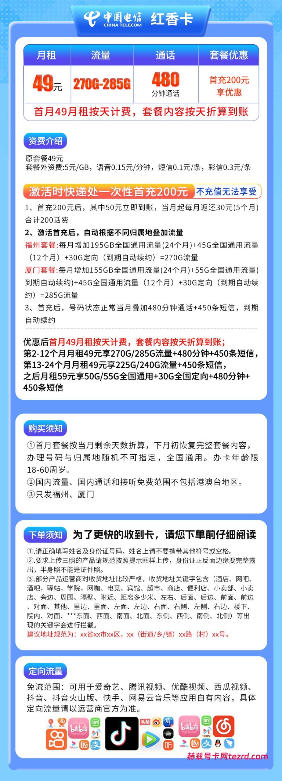 图片[1]-福建电信红香卡怎么样？49元270-285G流量+480分钟通话-赫兹号卡网