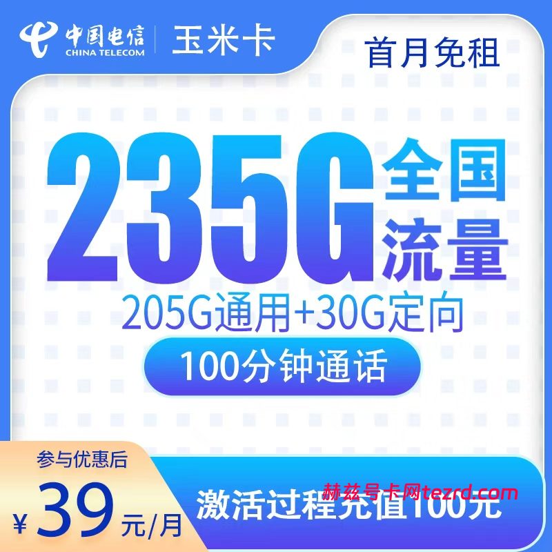 电信玉米卡39元235G流量(205G通用+30G定向)+100分钟通话-赫兹号卡网-赫兹通讯
