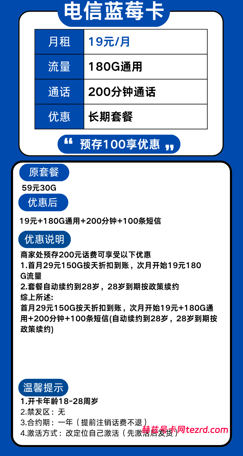 图片[1]-湖南电信蓝莓卡怎么样？19元180G通用流量+200分钟通话-赫兹号卡网