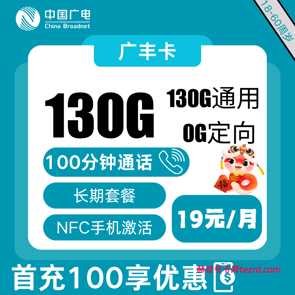 广电广丰卡19元130G通用流量+100分钟通话-赫兹号卡网-赫兹通讯