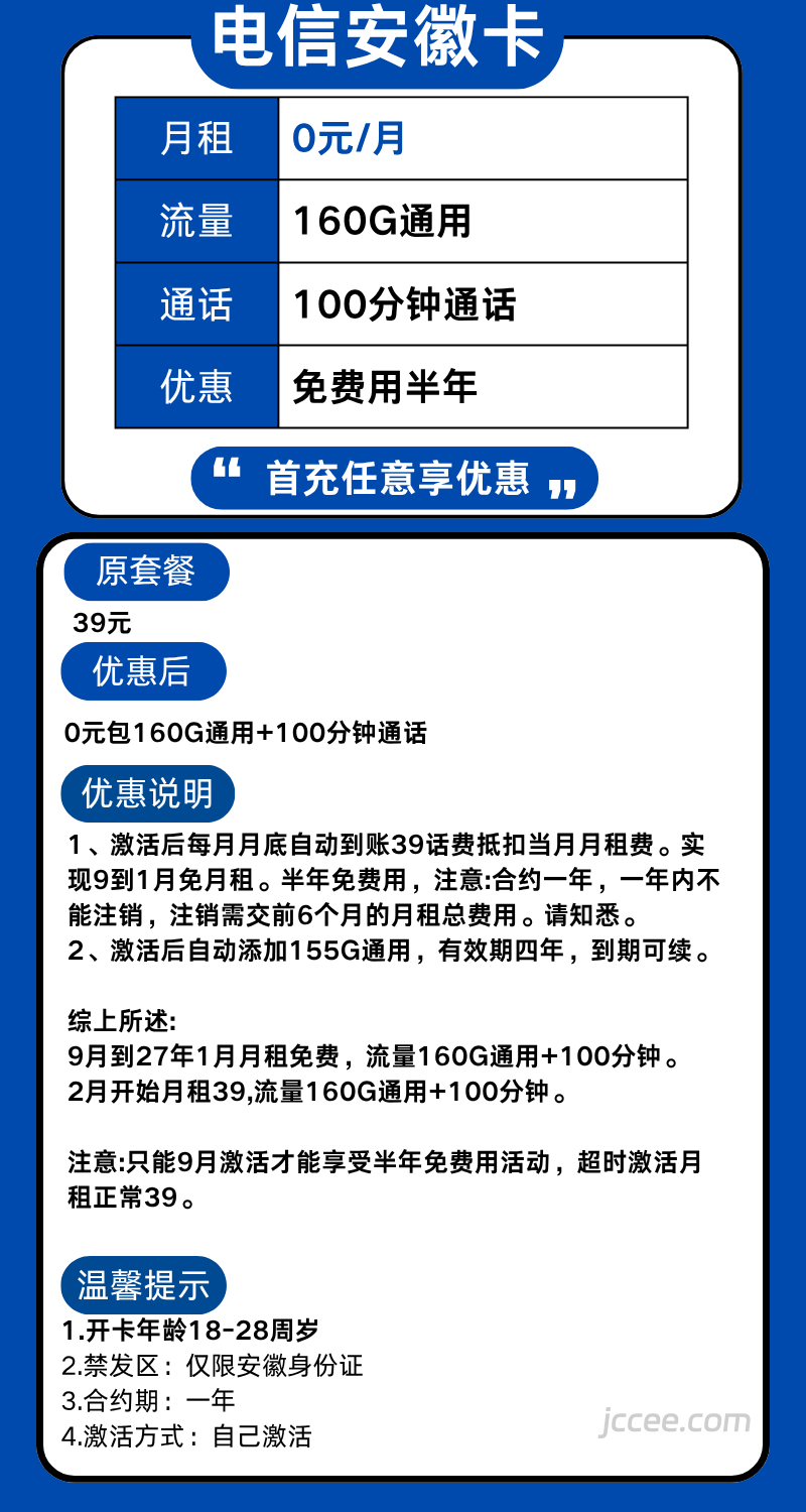 图片[1]-安徽电信安徽卡怎么样？0元160G通用流量+100分钟通话+100条短信-赫兹号卡网