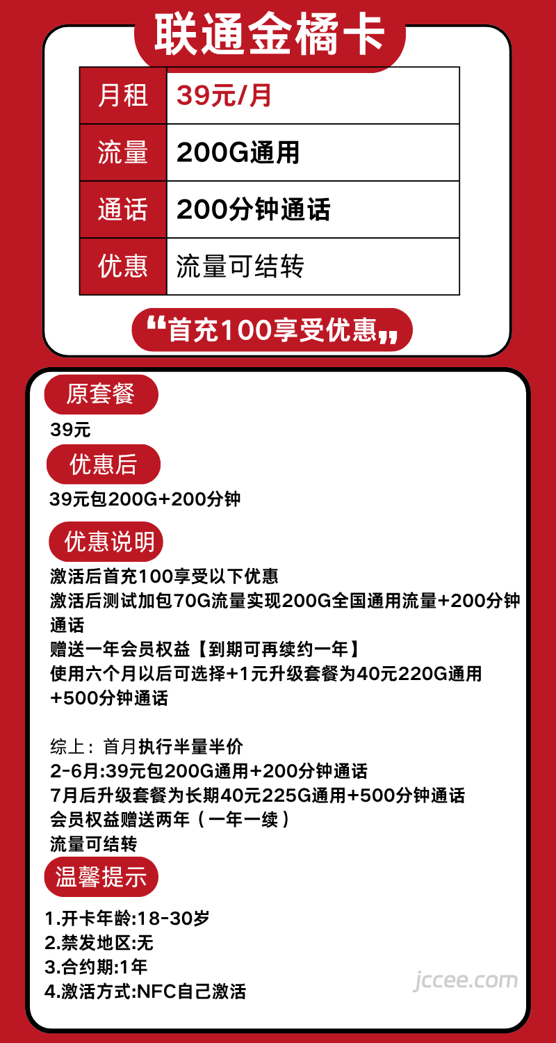 图片[1]-联通金橘卡怎么样？39元200G通用流量+200分钟通话-赫兹号卡网