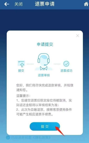 退票申请提交界面