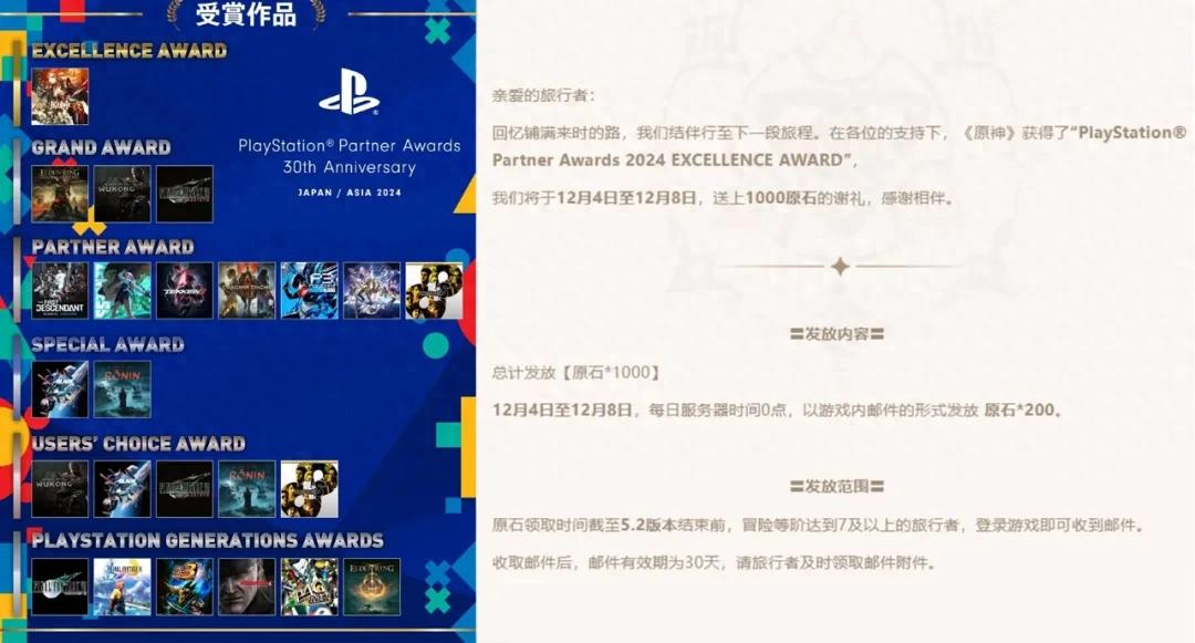 原神获索尼大奖,12月可领2600原石奖励