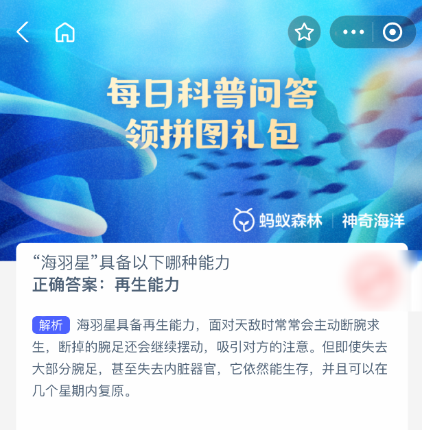 2025年8月18日蚂蚁森林神奇海洋答题 | 海羽星的特殊能力揭秘